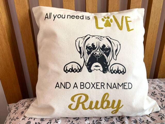 Personalised Boxer Dog Cushion, Natural Colour Pillow With Graphic I Black & Pet's Name in Gold Glitter, Home Decor, 40cm By - image 1