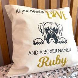 Personalised Boxer Dog Cushion, Natural Colour Pillow With Graphic I Black & Pet's Name in Gold Glitter, Home Decor, 40cm By - thumbnail 3