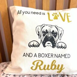 Personalised Boxer Dog Cushion, Natural Colour Pillow With Graphic I Black & Pet's Name in Gold Glitter, Home Decor, 40cm By - thumbnail 2