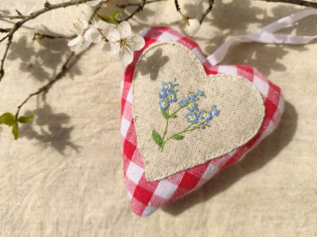 Embroidered Heart Ornament Forget Me Not Blue Flower Hanging Heart, Spring Easter Decoration - image 1