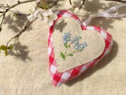 Embroidered Heart Ornament Forget Me Not Blue Flower Hanging Heart, Spring Easter Decoration - thumbnail 1