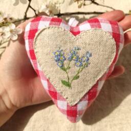 Embroidered Heart Ornament Forget Me Not Blue Flower Hanging Heart, Spring Easter Decoration - thumbnail 2