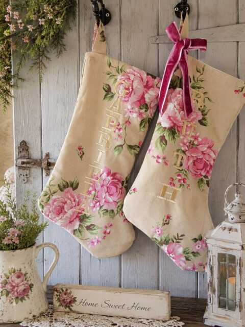 Personalized Floral Christmas Stocking, Velvet Bow, Handmade in UK - image 1
