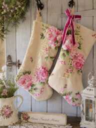 Personalized Floral Christmas Stocking, Velvet Bow, Handmade in UK