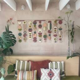 Large Geometric Wall Hanging - Berry, Gold, & Wood Modern Art - thumbnail 4