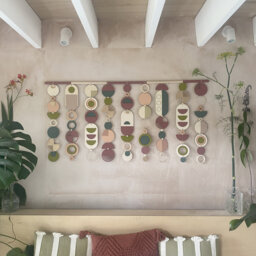 Large Geometric Wall Hanging - Berry, Gold, & Wood Modern Art