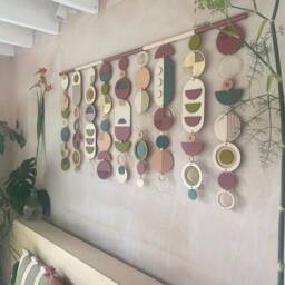 Large Geometric Wall Hanging - Berry, Gold, & Wood Modern Art - thumbnail 3