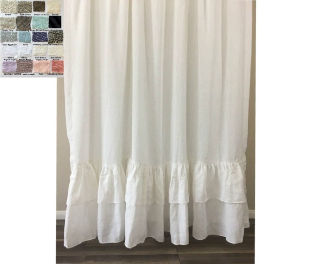 Linen Shower Curtain With Double Ruffle-White, Gray, Blue, Pink, Stripe, Chevron, 72x72, 72x85, 72x94 Custom Extra Long - image 1