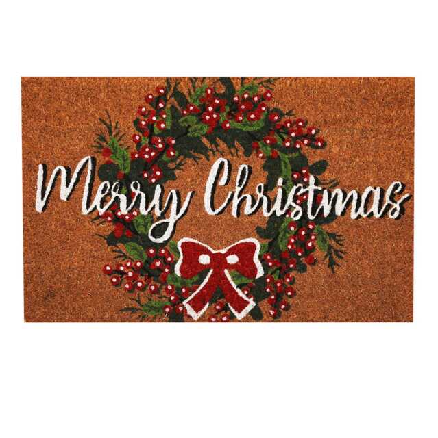 Merry Christmas Wreath Coir Doormat 40 X 60cm Decorative Xmas Mat Festive Print - image 1