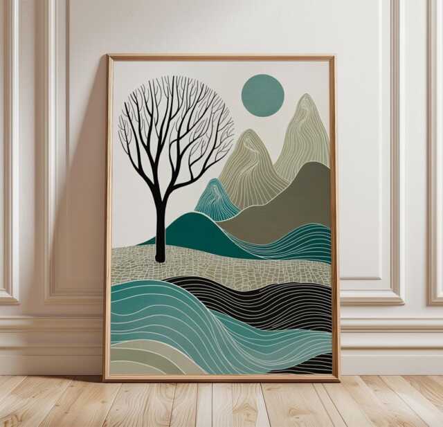 Abstract Mountain Tree Poster - Teal Landscape Wall Art Minimal Nature Print - image 1