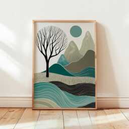 Abstract Mountain Tree Poster - Teal Landscape Wall Art Minimal Nature Print - thumbnail 4
