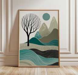 Abstract Mountain Tree Poster - Teal Landscape Wall Art Minimal Nature Print - thumbnail 1