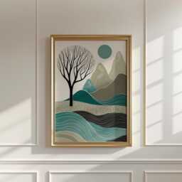 Abstract Mountain Tree Poster - Teal Landscape Wall Art Minimal Nature Print - thumbnail 3