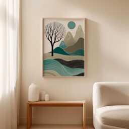 Abstract Mountain Tree Poster - Teal Landscape Wall Art Minimal Nature Print - thumbnail 2