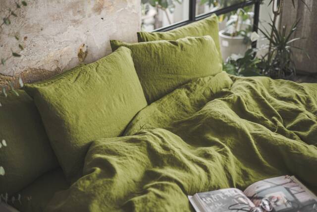Linen Pillowcases Moss Green X 2 Envelope Closure, Natural Pillow Covers - image 1