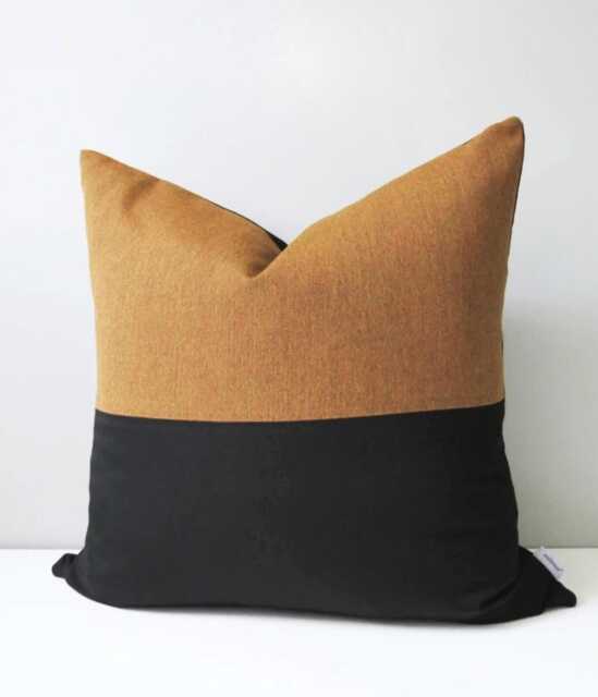 Teak Sunbrella?? Outdoor Pillow Cover With Black Color Block, Cognac Brown Cushion For Modern Patio Chairs & Pool Loungers, Mazizmuse - image 1