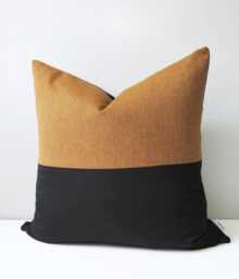 Teak Sunbrella?? Outdoor Pillow Cover With Black Color Block, Cognac Brown Cushion For Modern Patio Chairs & Pool Loungers, Mazizmuse