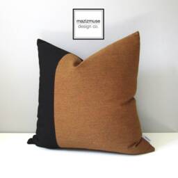 Teak Sunbrella?? Outdoor Pillow Cover With Black Color Block, Cognac Brown Cushion For Modern Patio Chairs & Pool Loungers, Mazizmuse - thumbnail 4