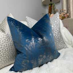 Blue Silver Cushion Cover, Luxury Pillow Cover For Sofa Or Bed, Designer Velvet Touch Fabric Tapini Forest, Metallic