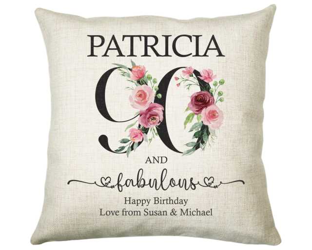 90Th Birthday Gift For Women - Personalised 90 & Fabulous Cushion Age Her Ladies Floral Mum Nan Ninety Bnk90C - image 1