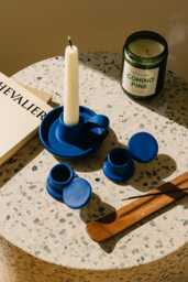 Hand-Painted Blue Ceramic Candle Holder Set Minimalist Home Decor - thumbnail 1