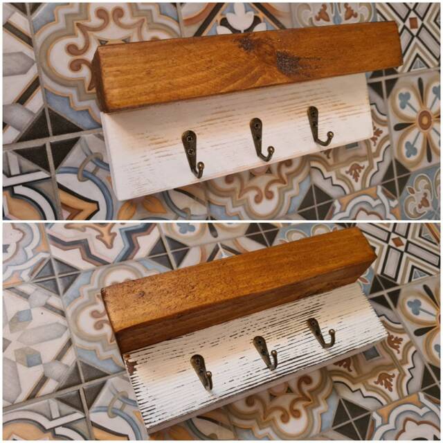 Rustic White Wall Key Holder With Shelf, Wash Distressed, Hallway Organiser, Key Hooks, Tidy, Rack, Entryway, Keyholder, Gift - image 1