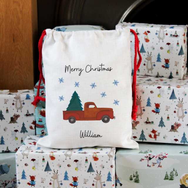 Personalized Christmas Sack Red Truck Linen-Look Stocking - image 1