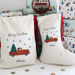 Personalized Christmas Sack Red Truck Linen-Look Stocking - thumbnail 3