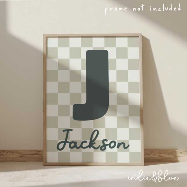 Personalised Initial Print in Sage Green, Retro Checkered Boy Nursery Playroom Decor, Bedroom Wall Art - image 1