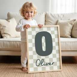 Personalised Initial Print in Sage Green, Retro Checkered Boy Nursery Playroom Decor, Bedroom Wall Art - thumbnail 2