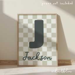 Personalised Initial Print in Sage Green, Retro Checkered Boy Nursery Playroom Decor, Bedroom Wall Art - thumbnail 1