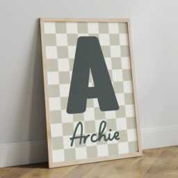 Personalised Initial Print in Sage Green, Retro Checkered Boy Nursery Playroom Decor, Bedroom Wall Art - thumbnail 3