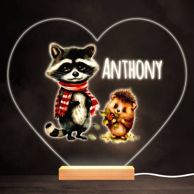 Cute Hedgehog & Raccoon Colourful Heart Personalised Gift Led Lamp Night Light - Bedroom - image 1
