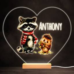 Cute Hedgehog & Raccoon Colourful Heart Personalised Gift Led Lamp Night Light - Bedroom