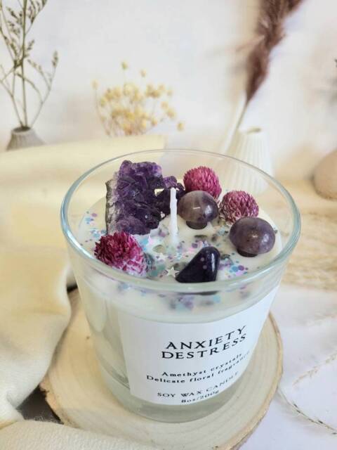 Anxiety Relaxation Destress Chakra Candle Quartz Wicca Magik Amethyst Crystal - image 1
