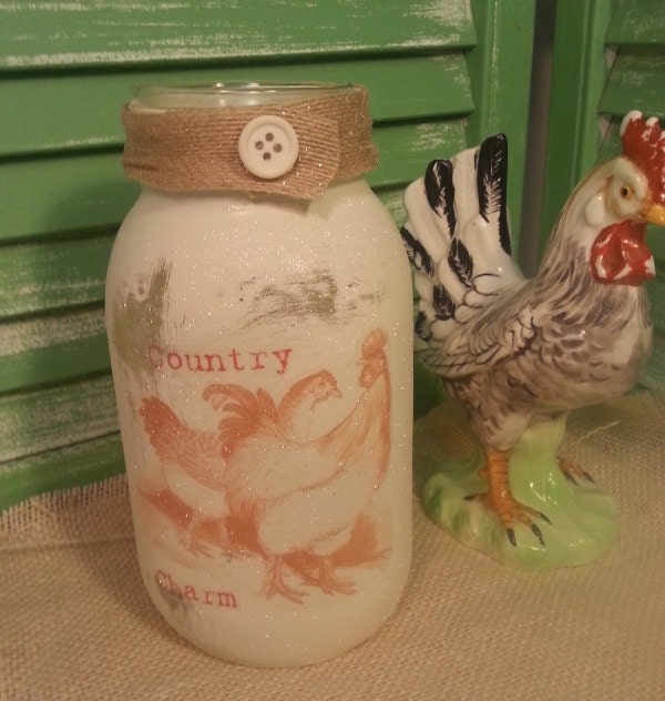 Rooster Mason Jar Candle Holder, Distressed Glittered Farmhouse Country Candleholder, Decor, Barn Wedding Centerpiece, Table Decor