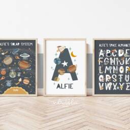 Personalised Space Alphabet, Set Of 3 Solar System Prints, Astronaut Name Print, Scandi Nursery - thumbnail 2