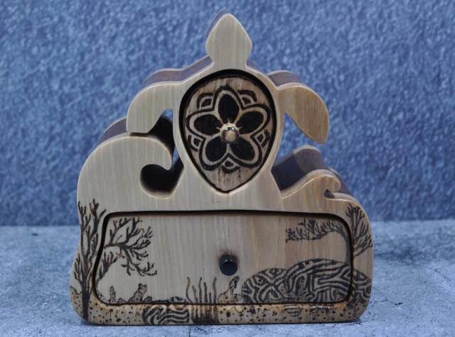 Box Jewelry Keepsake Collectible Wood Woodburned Art Sea Turtle Sculpted Hickory Redwood Ebony Ring Earrings Decoration - Under The - image 1