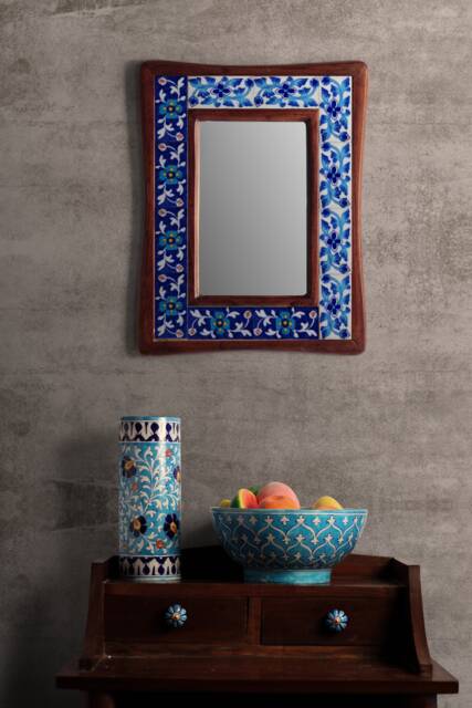Blue Tile Mirror Hand-Painted Boho Wall Hanging - image 1