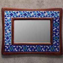 Blue Tile Mirror Hand-Painted Boho Wall Hanging - thumbnail 3