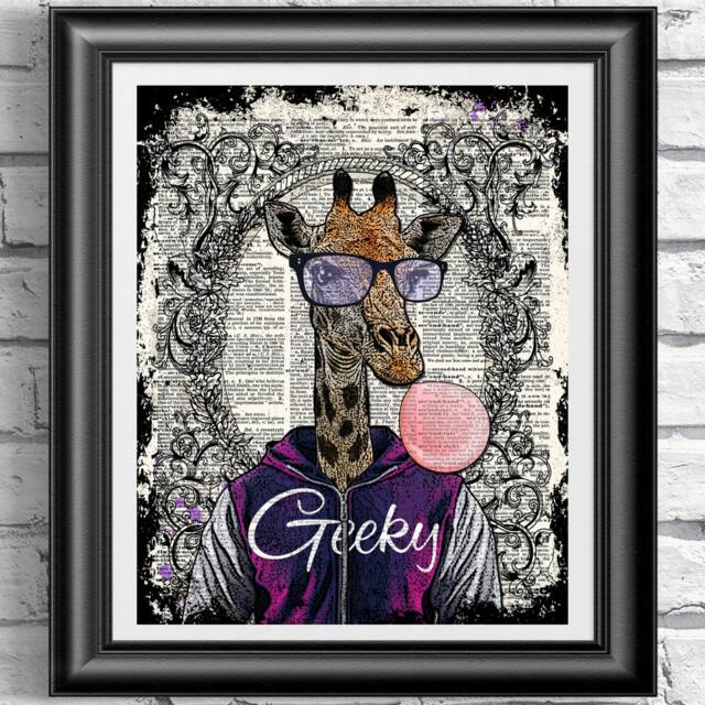 Dictionary Book Page Print Hipster Animal Geeky Giraffe. Art On Antique Page, Wall Decor Fashion Animal, Funky Giraffe Poster - image 1