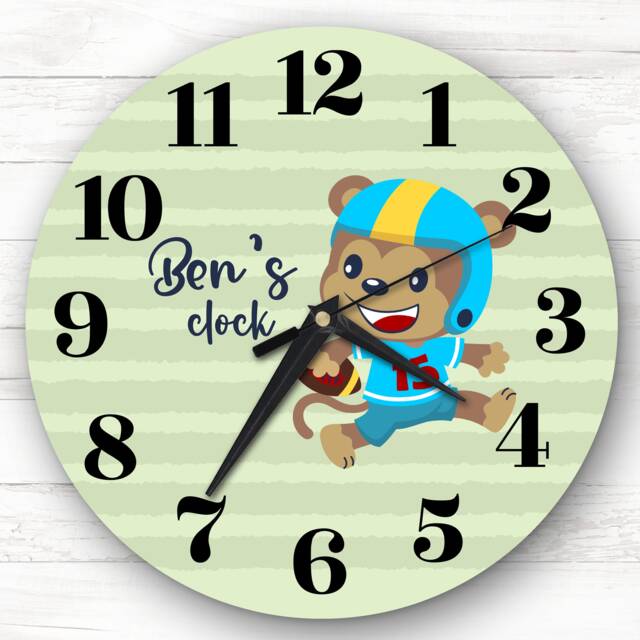 Monkey Rugby Player Boys Room Custom Gift Personalised Clock - image 1