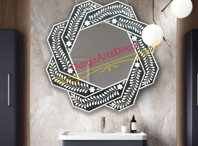 Mother Of Pearl Inlay 8 Corner Grey Floral Pattern Mirror Frame With Complimentary - image 1