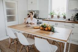 steel Frame Kitchen Table, Table With White Legs, Oak Wood Top, Dining Bar Desk Basic Tre Ii