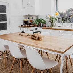 steel Frame Kitchen Table, Table With White Legs, Oak Wood Top, Dining Bar Desk Basic Tre Ii - thumbnail 3