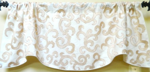 Gold Embroidered Scroll Pattern On Cream -Window Valance/Lined & Corded Rod Pocket Scalloped High End Designer Linen Fabric - image 1