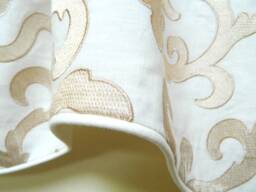 Gold Embroidered Scroll Pattern On Cream -Window Valance/Lined & Corded Rod Pocket Scalloped High End Designer Linen Fabric - thumbnail 2