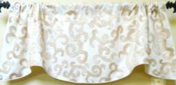Gold Embroidered Scroll Pattern On Cream -Window Valance/Lined & Corded Rod Pocket Scalloped High End Designer Linen Fabric - thumbnail 1