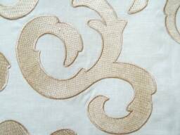 Gold Embroidered Scroll Pattern On Cream -Window Valance/Lined & Corded Rod Pocket Scalloped High End Designer Linen Fabric - thumbnail 3