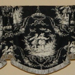 Gold Embroidered Scroll Pattern On Cream -Window Valance/Lined & Corded Rod Pocket Scalloped High End Designer Linen Fabric - thumbnail 4